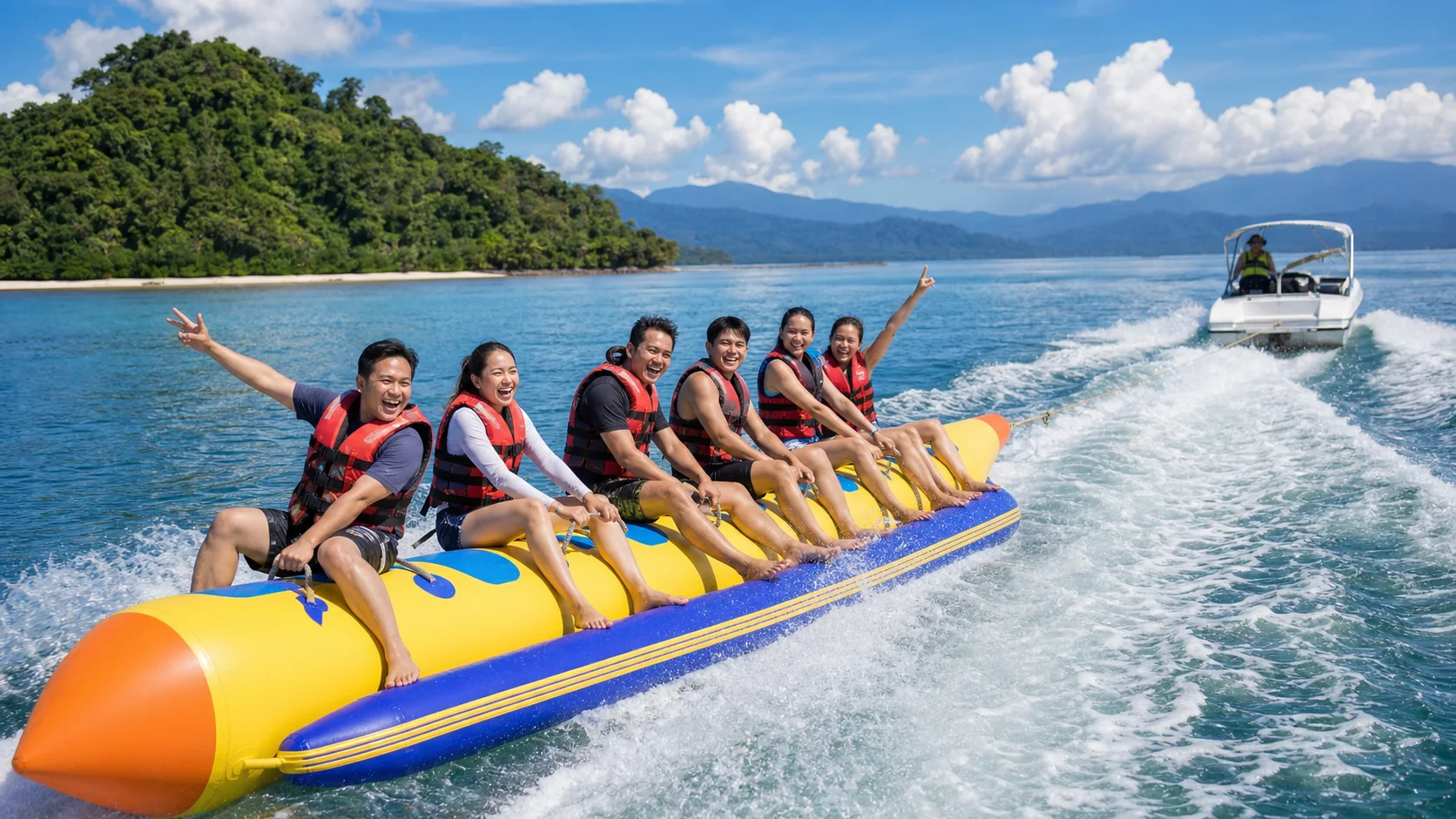 Friends enjoying a group watersport experience in Kota Kinabalu